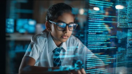 Young female student with glasses writing code on a futuristic holographic computer interface at night - Powered by Adobe