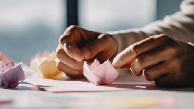 Hands folding pink origami flowers on a table with other paper flowers nearby.