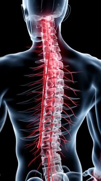 Painful human spine with visible nerve inflammation, showing neck and backache medical concept