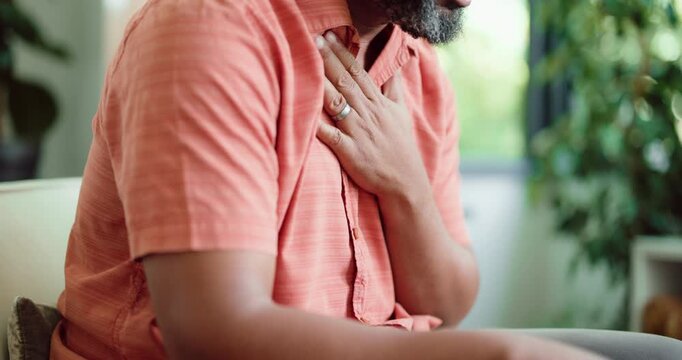Covid, cough and black man in house with chest pain, massage or breathing problem in lung infection. Influenza, choking or mature person in home with tuberculosis, asthma or risk of coronavirus.