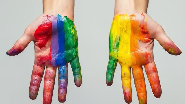 Hands painted with vibrant rainbow colors. Each hand displays a half of the rainbow, symbolizing unity