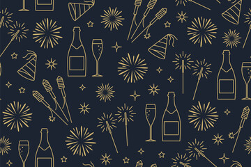 Naklejka na ściany i meble seamless New Year Eve golden pattern with champagne bottle, glasses, fireworks, sparklers, party hat and stars- vector illustration