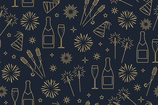 seamless New Year Eve golden pattern with champagne bottle, glasses, fireworks, sparklers, party hat and stars- vector illustration