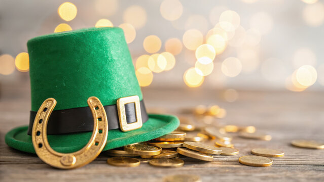 St patricks pattern . Green leprechaun hat with gold horseshoe and coins on wooden surface, festive lights in background