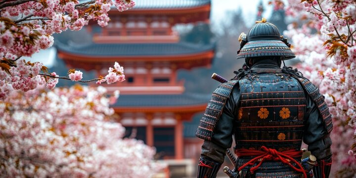 Samurai warrior standing in front of kiyomizu dera temple during cherry blossom season