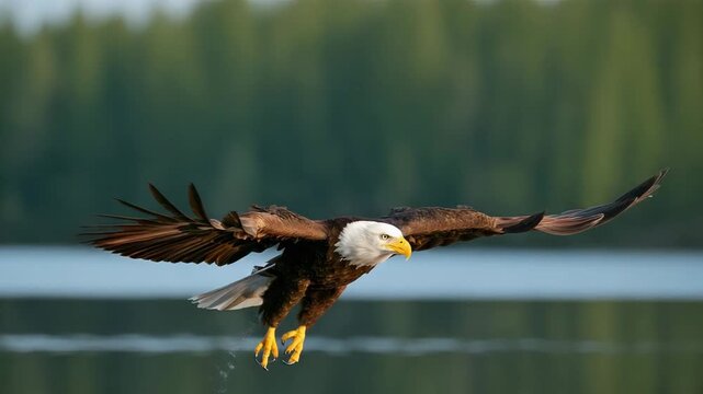 Majestic bald eagle with wings spread wide swoops low over calm water surface capturing prey in a dramatic natural setting
