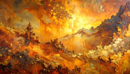 Fiery mountain landscape with textured gold and orange hues, evokes a dreamlike, surreal atmosphere