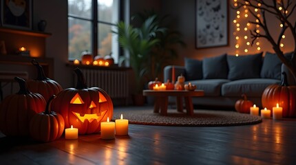 Fototapeta premium Theme Halloween, Dark modern living room decorated for Halloween, pumpkins glowing softly.