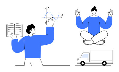 Education, mindfulness, transportation, personal growth, work-life balance, business solutions. A person drawing a graph, meditating and a delivery truck. Education and mindfulness s