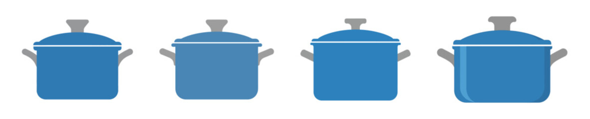 Four blue pots with lids and handles arranged in a row, varying slightly in size and shade.