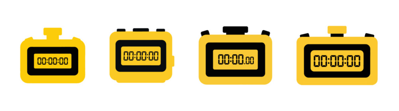 A row of four yellow digital stopwatches with black screens displaying '00:00:00' and various button designs.