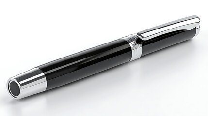 Elegant black rollerball pen with polished chrome accents resting on a clean white reflective surface for luxury branding