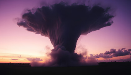 Graceful tornado forming under a twilight purple sky, minimal destruction, cinematic atmosphere with calm clouds and glowing horizon 2