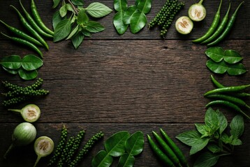 Thai green curry ingredients flat lay frame with fresh chili peppers thai basil kaffir lime and eggplant on dark rustic wooden background with copy space for menu design