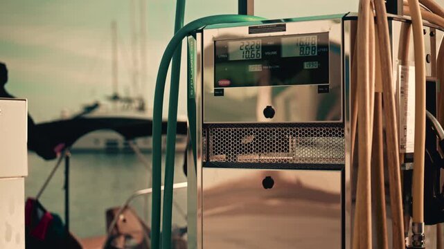 Various hoses coloured in yellow, green, and blue, hang beside modern marina fuel pumps, boat at the fuel station