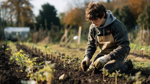 Farmer boy planting vegetables in garden field. Child digging in soil, focused on gardening task. Vegetable planting teaches farmer skills. Nature and soil support child working on vegetable growth.