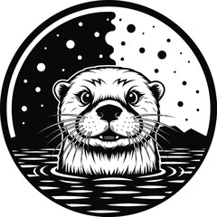 Otter Head In Water Moon Circle Vector Illustration