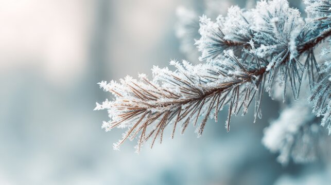Close-up Macro Shot of a Frost-Covered Evergreen Pine or Spruce Branch with Intricate Ice Crystals and Hoarfrost - Powered by Adobe