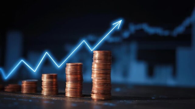 Stacks of coins increasing in height with a blue upward-trending line graph, symbolizing financial growth.