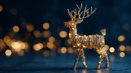 Sparkling Golden Wire Reindeer Decoration with Lights on Deep Blue Bokeh Background