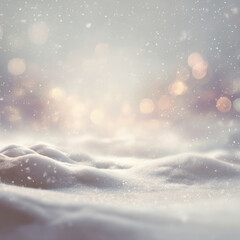 Soft Vintage Winter Background with Snowdrifts and Golden Bokeh Lights