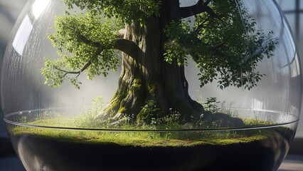 Majestic ancient tree thrives within a delicate glass terrarium, symbolizing growth and preservation.