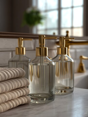 Elegant glass soap dispenser with gold pump, folded towels, marble countertop, luxury bathroom interior, natural light, serene atmosphere