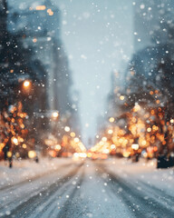 Obraz premium vertical snowy winter city street with bright golden bokeh and traffic lights