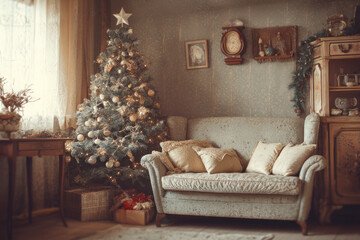 vintage style christmas living room with decorated tree in soft warm tones