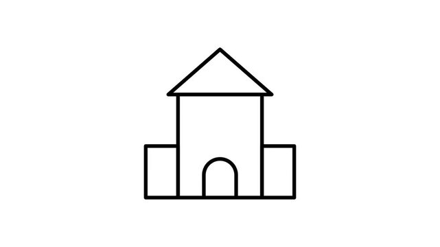  Black and white outline illustration of a simple house with a triangular roof and a rectangular base.