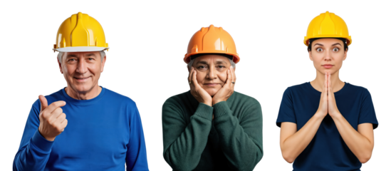 Three diverse construction workers, two senior men and one young woman, wearing hard hats with varied expressions on a transparent background.