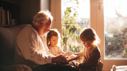 Grandparent reads story to children in living room during afternoon light