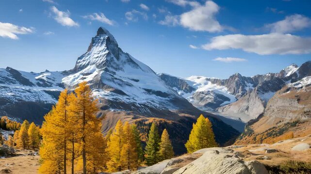 Majestic snowcapped Matterhorn peak dominates the alpine landscape featuring vibrant golden larch trees under a brilliant blue sky