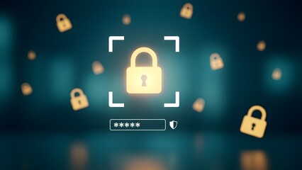 
Digital Security Padlock Icon with Password Field and Cybersecurity Protection Concept Background