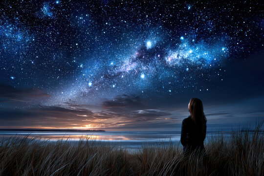 Stargazer admires the night sky over the ocean with twinkling stars and a vibrant horizon - Powered by Adobe