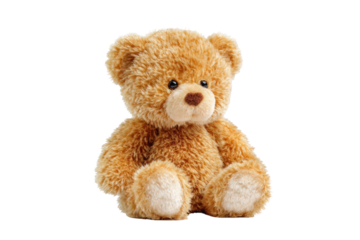 Fluffy brown teddy bear sitting upright with soft fur and friendly eyes isolated on transparent background