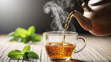 Hot herbal tea being poured from a teapot into a clear glass cup with mint leaves