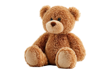 Fluffy brown teddy bear toy sitting upright with friendly expression isolated on transparent background