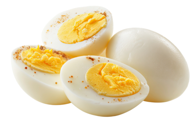 Four hard boiled eggs with golden yolks and light seasoning one whole and three halves isolated on transparent background