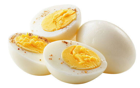 Four hard boiled eggs with golden yolks and light seasoning one whole and three halves isolated on transparent background - Powered by Adobe