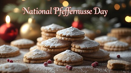 Pfeffernusse spice cookies dusted with powdered sugar, festive background and “National Pfeffernusse Day” text