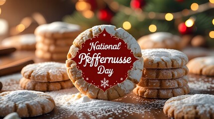National Pfeffernusse Day Sign on Traditional German Christmas Spice Cookies Dusted with Sugar. Festive Winter Holiday Baking Concept