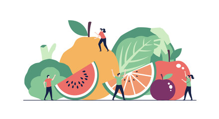 Healthy lifestyle concept with tiny people around fruits and vegetables, promoting nutrition, wellness, and balanced diet for a vibrant life
