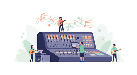 Dynamic music production team working on a vibrant track with audio mixer, musicians, and a videographer creating content in modern sound studio © ALI