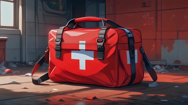 An intense, stylized illustration of a bright red first aid kit bag resting on a worn floor.