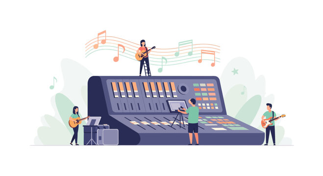 Dynamic music production team working on a vibrant track with audio mixer, musicians, and a videographer creating content in modern sound studio