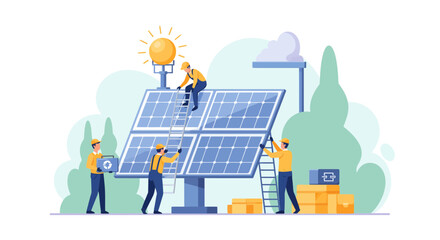Energetic team installing solar panels for clean energy solutions and sustainable living, promoting environmental awareness and a greener future