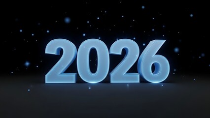 2026 New Year blue shiny numbers on dark background.