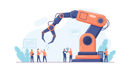 Fototapeta premium Automated factory assembly line with robotic arm and happy workers, a modern industrial workplace promoting efficiency and innovation, perfect for manufacturing