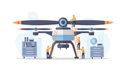 Drone technology development with maintenance team, modern aerial innovation and engineering for future delivery and surveillance in professional workspace